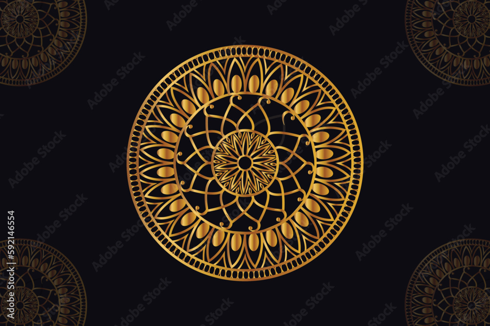 mandala vector design with a black background. Seamless mandala pattern with  black background. Golden mandala with  black background.