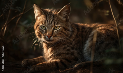 photo of African wildcat in its natural habitat outdoors. Generative AI © Bartek