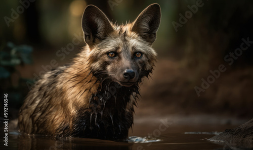 photo of aardwolf in its natural habitat outdoors standing in water. Generative AI