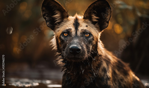 photo of African wild dog in its natural habitat outdoors on African savannah. Generative AI
