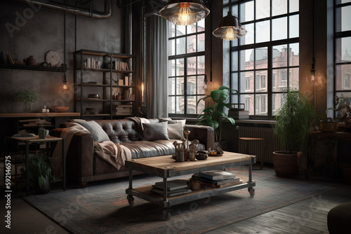 Industrial loft living room with vintage furniture  Generative AI 
