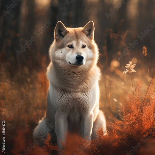 photo of Akita dog outdoors in the forest. Generative AI