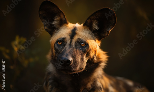 photo of African wild dog in its natural habitat outdoors on African savannah. Generative AI