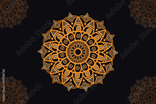 mandala vector design with a black background. Seamless mandala pattern with  black background. Golden mandala with  black background.