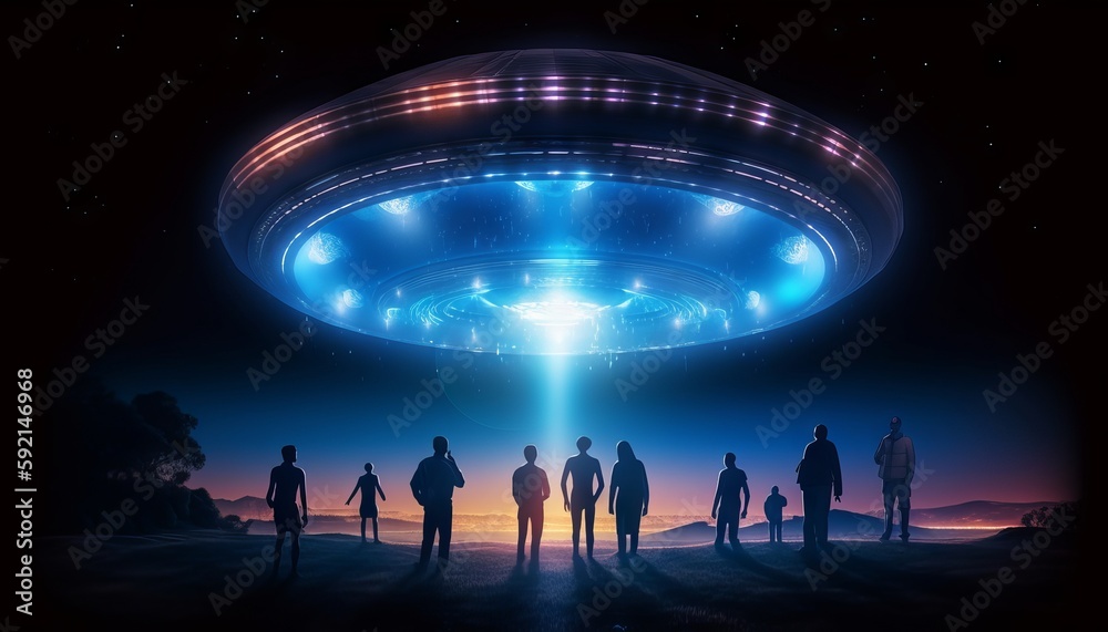 image of an illuminated UFO spaceship surrounded by a group of humans, as a blue light portal glows beneath it. Generative ai image of an illuminated UFO spaceship surrounded by a group of humans, as a blue light portal glows beneath it. Generative ai
