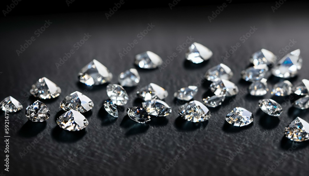 Several diamonds on a dark neutral background. The image represents luxury. Space for text. Several diamonds on a dark neutral background. The image represents luxury. Space for text.