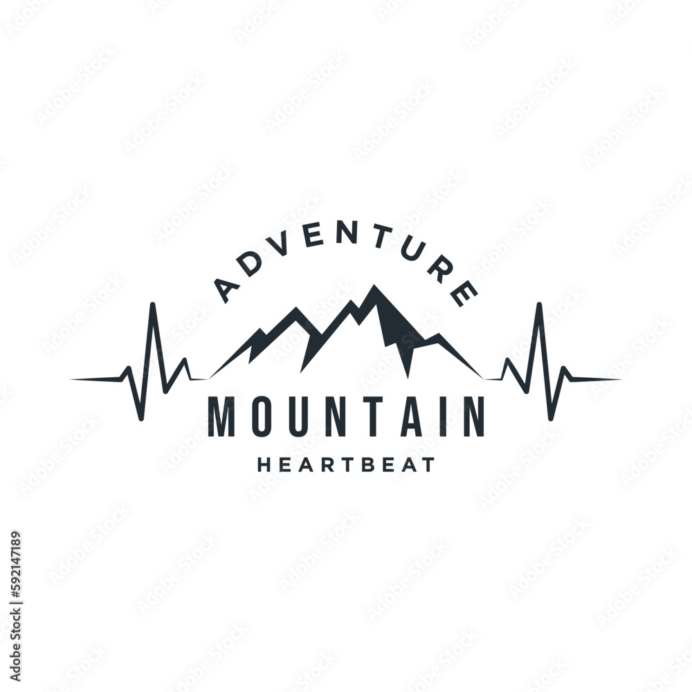 Mountain heartbeat line logo icon. Outdoor adventure seismograph vintage black illustration