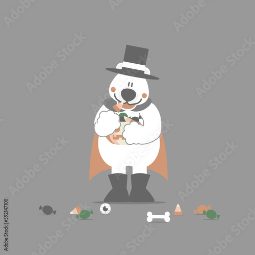 happy halloween holiday festival with polar bear and pumpkin and candy, flat vector illustration cartoon character design