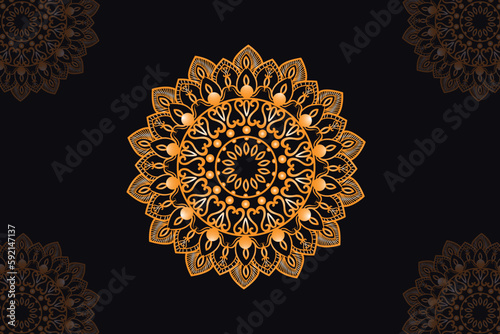 mandala vector design with a black background. Seamless mandala pattern with  black background. Golden mandala with  black background.