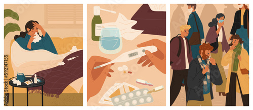 People with sick symptoms at home and on a street, vector posters set. Cold and flu season. Woman in bed having cold, fever, running nose, coughing and taking medicine drugs. Covid crowd