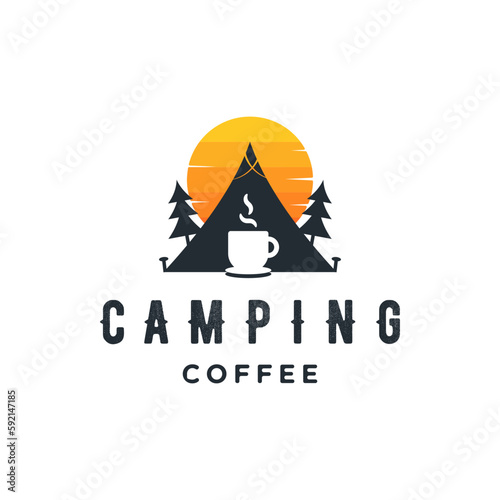 Coffee camping outdoor logo design concept. Tent sunset and coffee mug vintage illustration