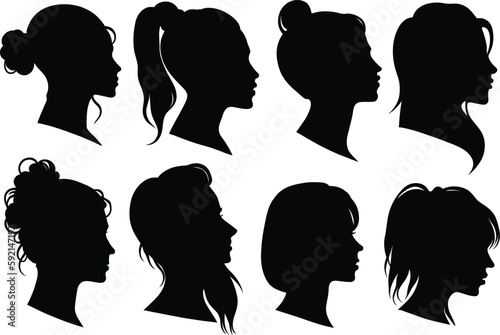 Set of 9 Elegant Women Face Profile Vector Silhouettes for Your Designs