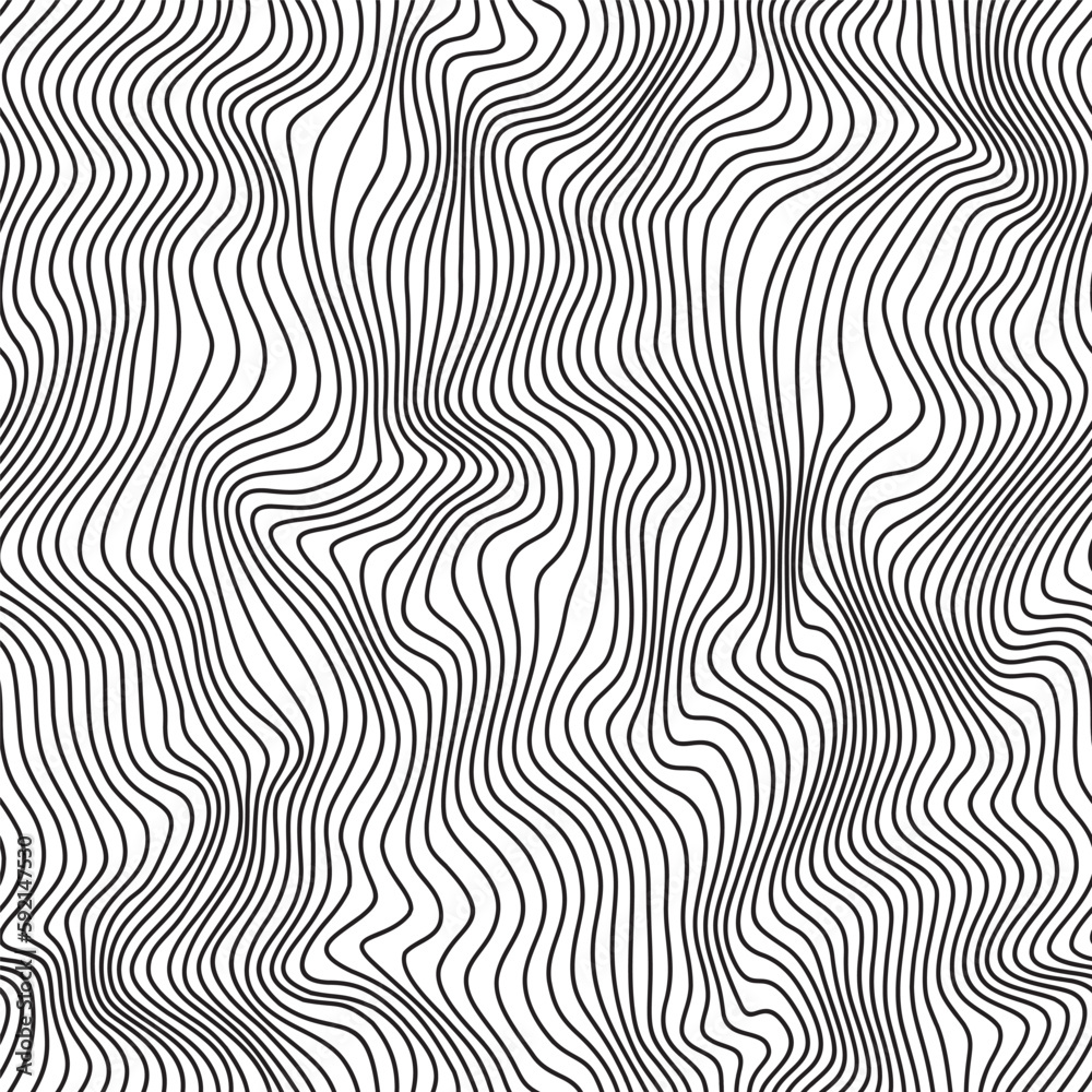 Vector seamless pattern. Abstract grunge texture with monochrome wavy stripes. Creative background with distorted lines. Decorative black and white striped design with distortion effect