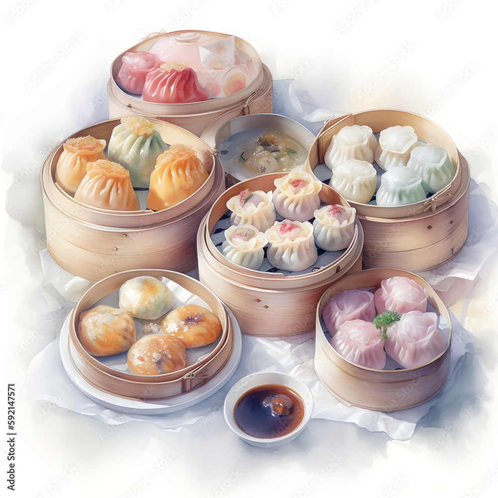 Watercolor illustration of dim sum food, isolated on white background. Generative AI