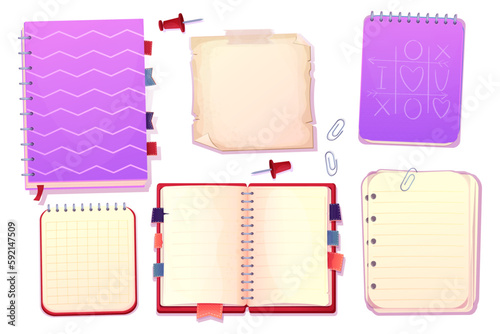 Set diary, note book in cartoon style top view, open, closed isolated on white background. Book with bookmarks and spiral, daily planner.