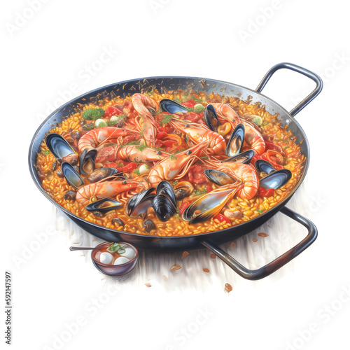 Watercolor illustration of paella food, isolated on white background. Generative AI