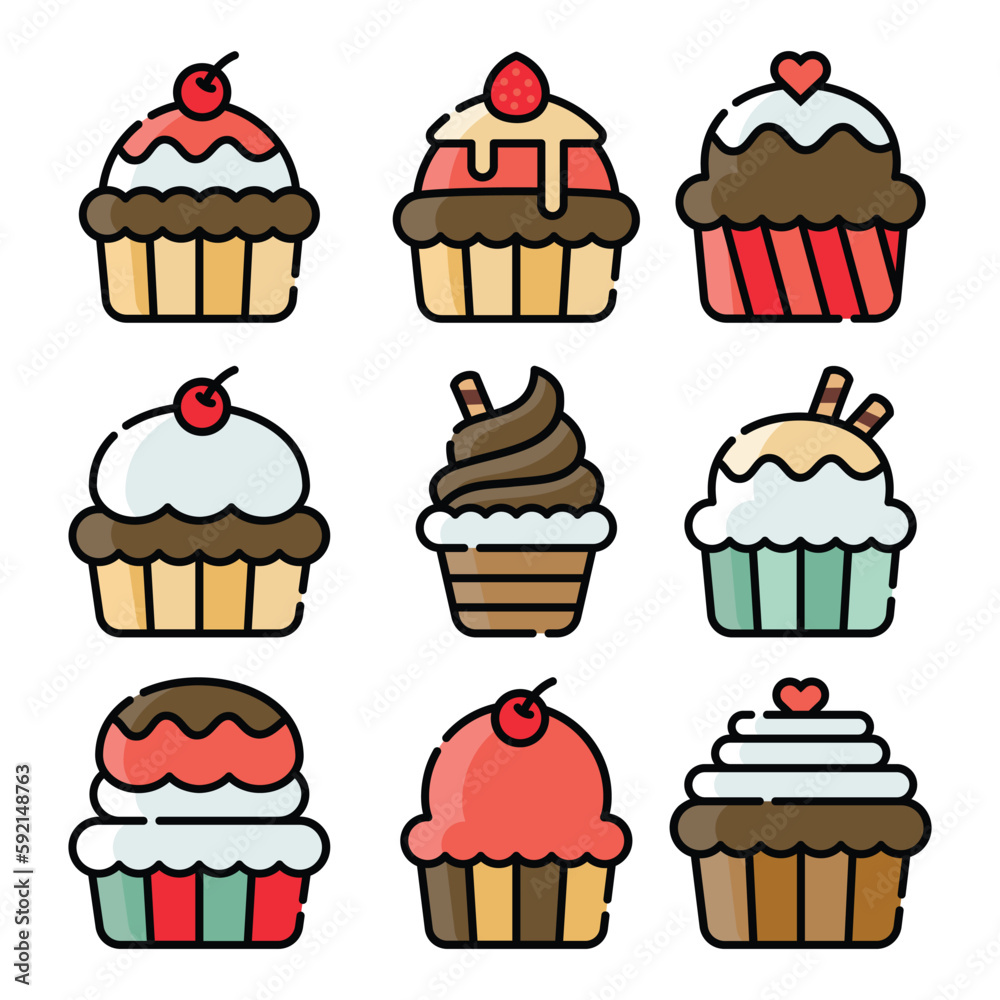 Set of Cupcake line art illustration Set of Cupcake line art illustration