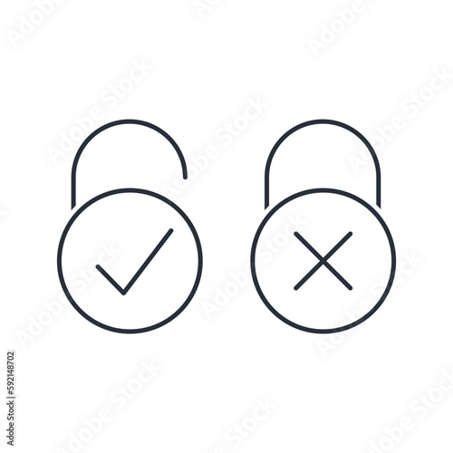 Open and closed lock. Set of control buttons to block , unblock. Vector linear icon isolated on white background.