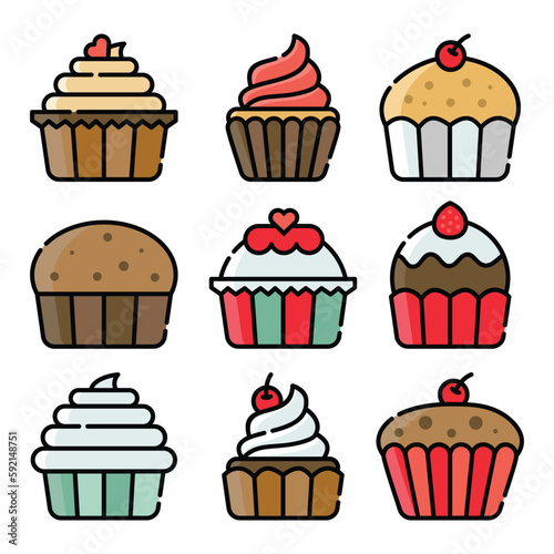  Set of Cupcake line art illustration