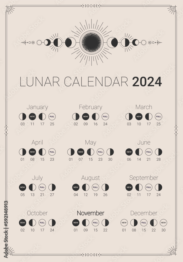 2024 year lunar calendar, moon phases year cycle planner. Astrological ...