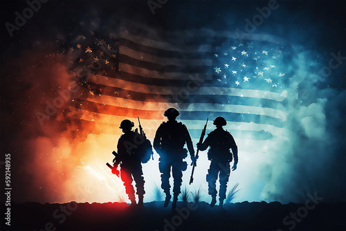 Soldiers standing in front of an american flag, Memorial day , Veterans day, American Independence Day. illustration, Generated AI