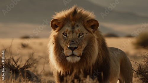 photo of a Lion in its natural habitat outdoors in African Safari. Generative AI