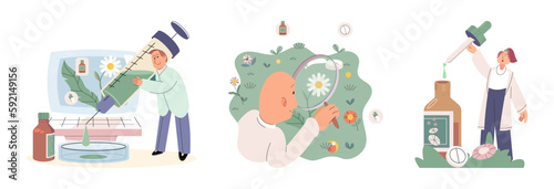 Scientist study research liquid medicine from natural herbal. Medical marijuana research. Modern and traditional medical, Alternative organic herbal drug and chemical medicine. Homeopathy healthcare