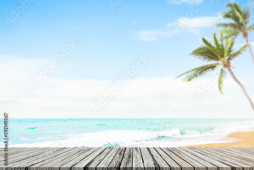 Table on Sea Summer Background,Desk on Sand Beach and Ocean at Coast with Palm Tree and Deck White Cloud Blue Sky Sunny nature,Wooden with Shore Horizon Tropical,Tourism Vacation Resort Travel Holiday