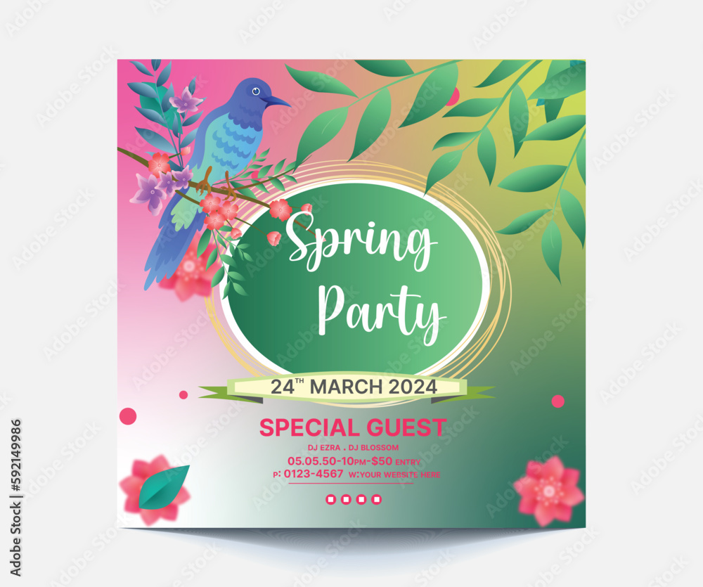 Spring party post with full blossom flowers. Spring flowers background