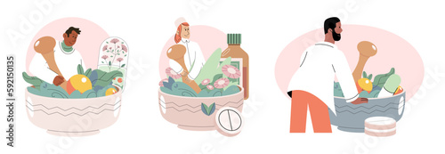 Homeopathy and herbal remedies set. Medical research laboratory diagnostics. Homeopathic treatment and phytotherapy. Traditional herb recipes of alternative medicine. Medicine pharmacy. Herbal pills