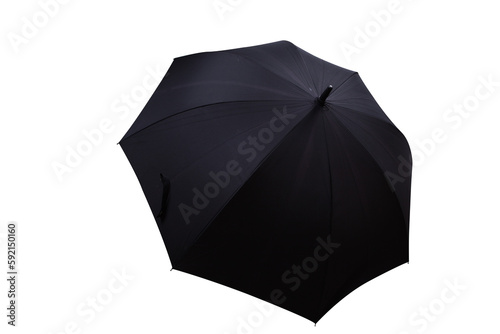 A black umbrella with a black handle is against a white background.