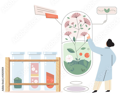 Natural medicine concept with scientist examines plants in test tubes. Specialist preparing herbal remedy to patient. Doctor develops ayurvedic homeopathic drugs of plants and herbal Ingredients