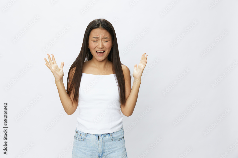 Asian woman facial skin problems, acne and inflammation, red rashes and allergies, chicken pox, sadness from rashes. Facial skin care concept for diseases and nerves Asian woman facial skin problems, acne and inflammation, red rashes and allergies, chicken pox, sadness from rashes. Facial skin care concept for diseases and nerves