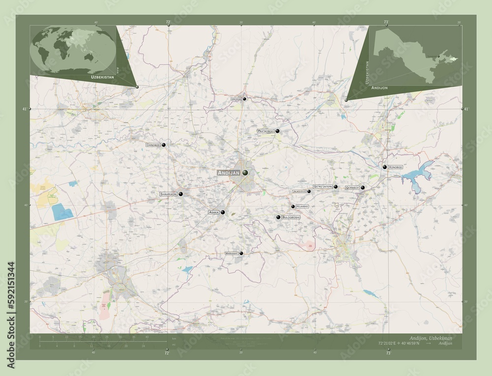 Fototapeta premium Andijon, Uzbekistan. OSM. Labelled points of cities