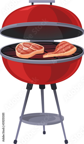 Round barbecue, BBQ charcoal grill with meat, cartoon style vector illustration on white background. Realistic BBQ charcoal grill with fire and hot coals. PNG image