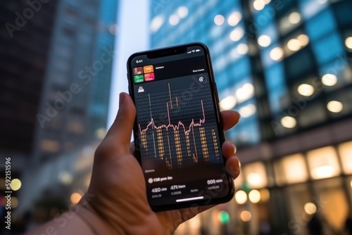 Graphic of stock market financial indicator on smartphone screen in the city, Generative AI