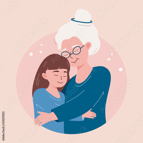 An elderly woman and a girl in arms. Happy granddaughter hugs her grandmother. Greeting card for Grandparents' Day. Flat cartoon vector illustration.