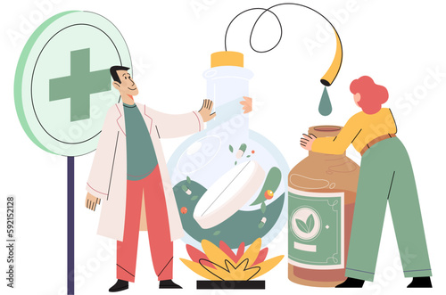 Natural medicine concept with scientists make pill from herbal ingredients. Specialist pharmacist preparing herbal remedy to patient. Doctor develops ayurvedic homeopathic drugs of plants and extracts