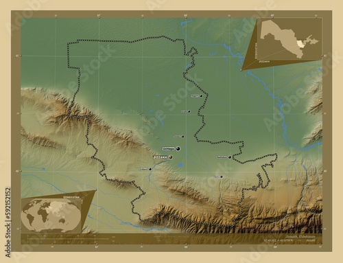 Jizzakh, Uzbekistan. Physical. Labelled points of cities photo