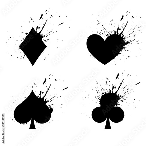 silhouettes of diamond with bursts heart with splashes of spades with bursts of clubs with bursts of casino playing cards