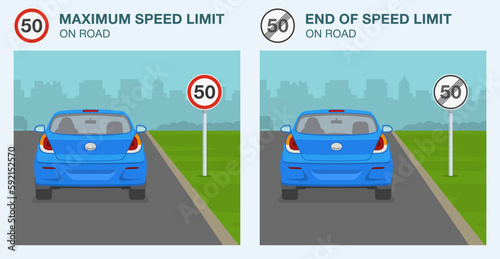 Safe car driving tips and traffic regulation rules. Maximum speed limit and end of speed limit signs. Back view of a car on city road. Flat vector illustration template.
