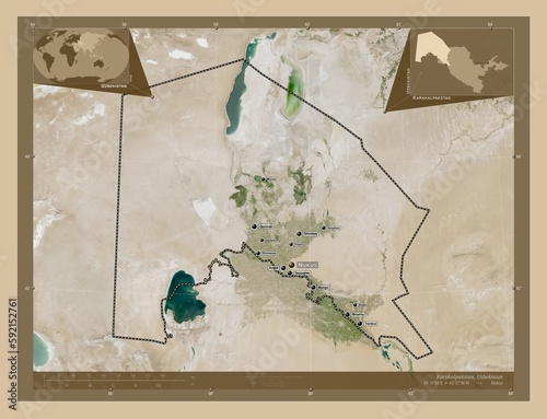 Karakalpakstan, Uzbekistan. Low-res satellite. Labelled points of cities photo