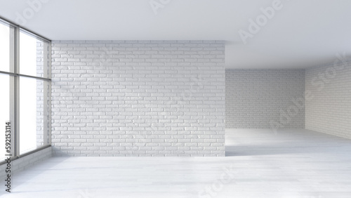 Leinwand Poster Large modern empty interior with white brick walls, wooden floor and panoramic window