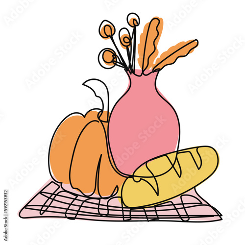 Abstract still life composition in pastel colors. Hand drawn vase, leaves and shapes. Contemporary art vector illustration for print t-shirts, cards, posters.