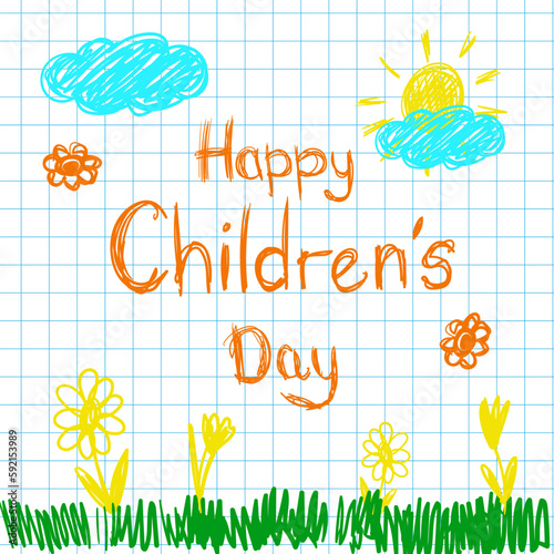 Poster with notebook paper and cute doodle drawing of happy kids and precepts to celebrate Children s Day.