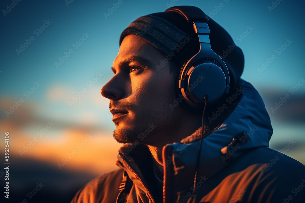 A Men listening to music 
on headphones in the outdoor background Generative AI