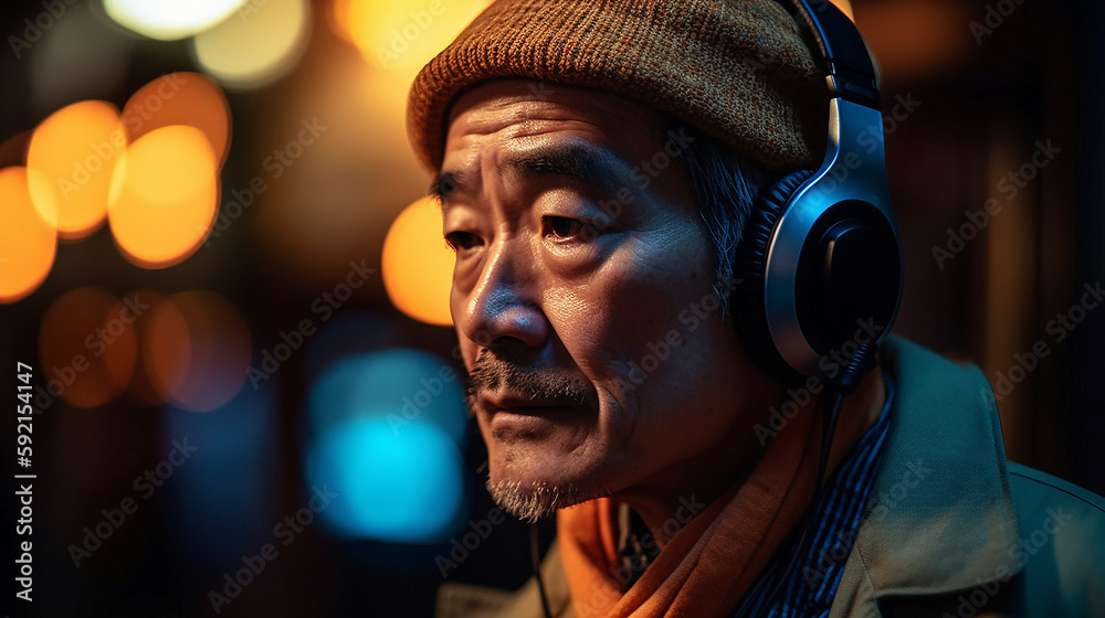 A asian old Men listening to music 
on headphones in the outdoor background Generative AI