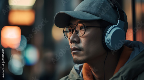 A asian Men listening to music 
on headphones in the outdoor background Generative AI