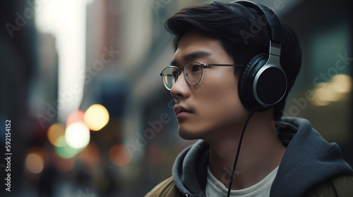 A asian Men listening to music on headphones in the outdoor background Generative AI