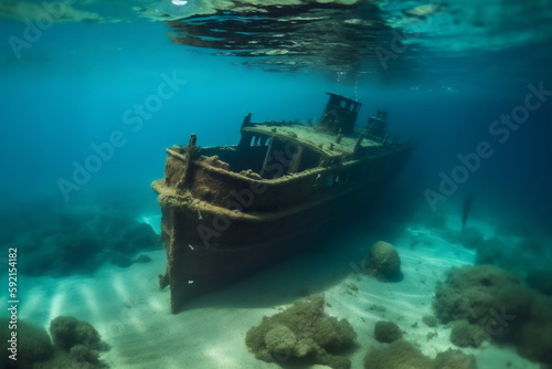 old rusty wreck underwater, made with generative ai